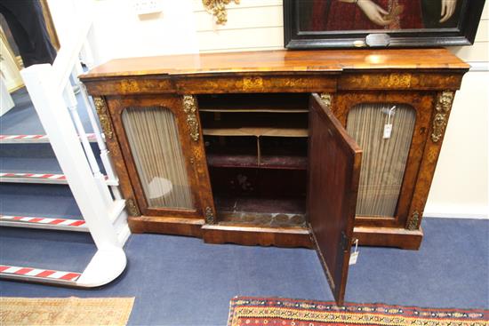 A 19th century French walnut and marquetry breakfront side cabinet, W.5ft 11in. D.1ft 2in. H.3ft 6in.